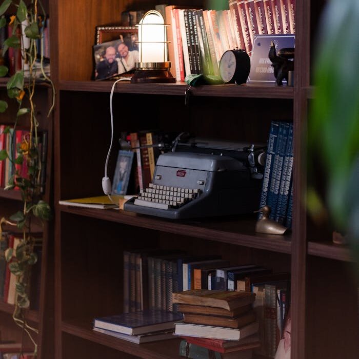 A warm and inviting bookshelf featuring a vintage typewriter and classic books, perfect for a cozy reading nook.